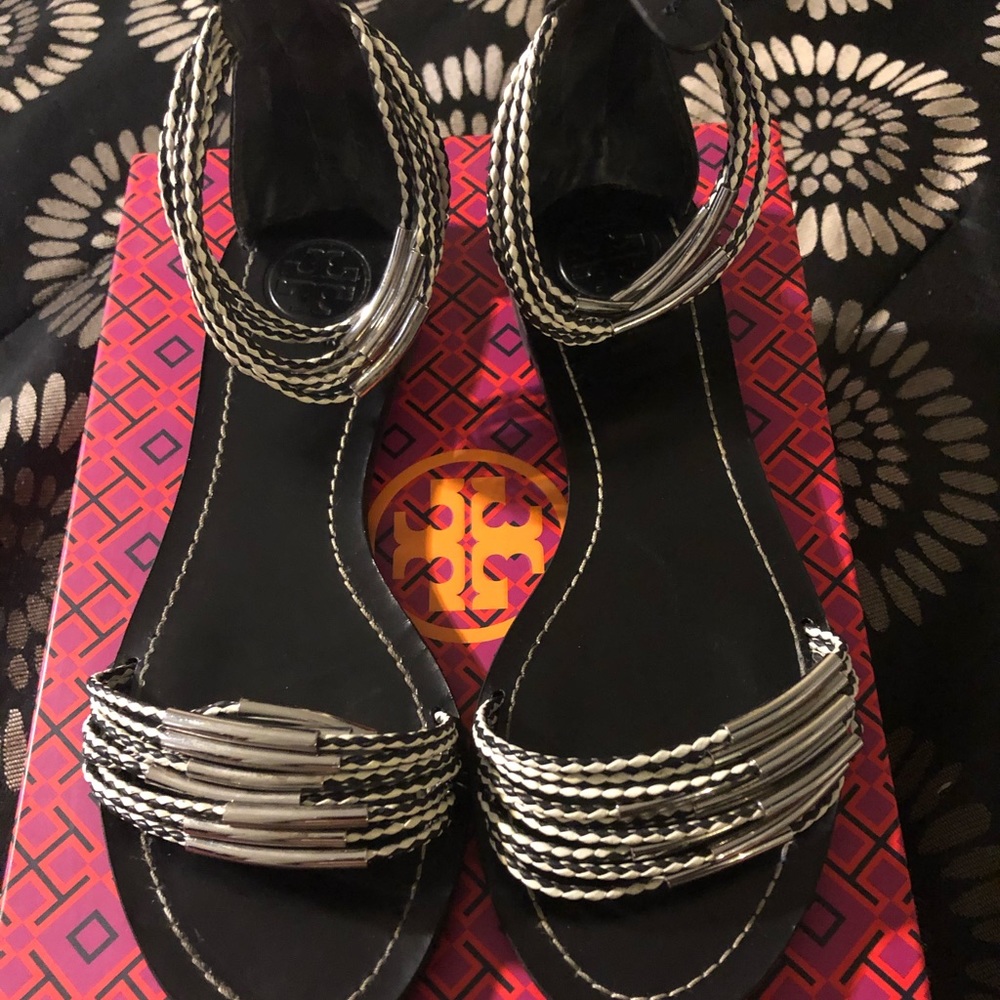 Tory Burch Black/Ivory Braided Sandal, Size 7.5